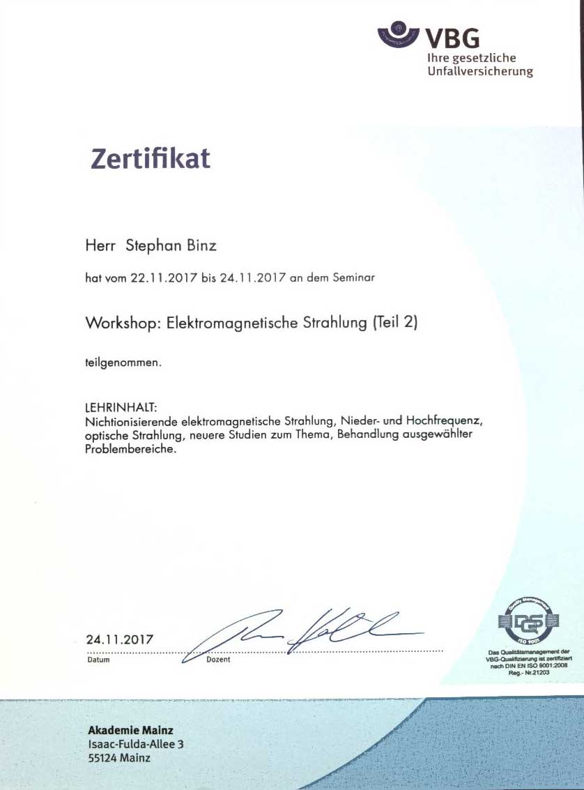Berufsgenossenschaft-Zertifikat Elektromagnetische Strahlung 