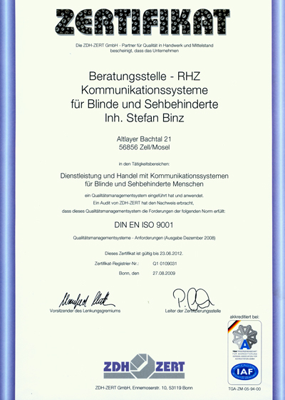 Zertifikat ISO 9001 Beratungsstelle RHZ
